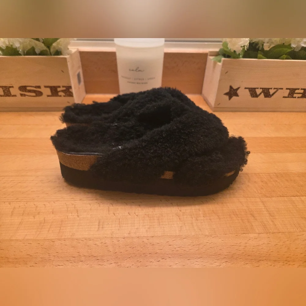Birkenstock Papillio Daytona Shearling Teddy Platform Sandals Black Womens Sz 36